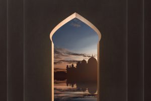 View of mosque silhouette from window